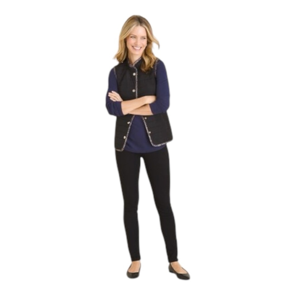 Chico’s Reversible Printed Jacquard To Black Quilted Vest - Picture 3 of 9